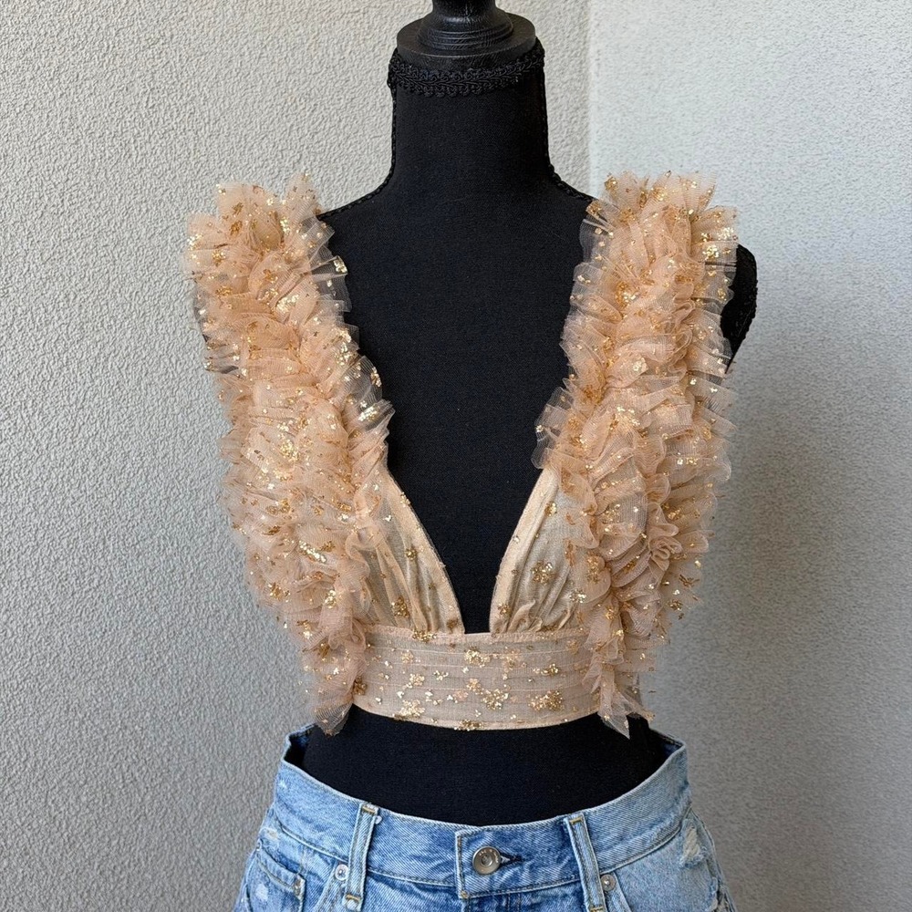 NWOT Free People Sosha Party Festival Bra Cropped Ruffle Tulle Top Size M